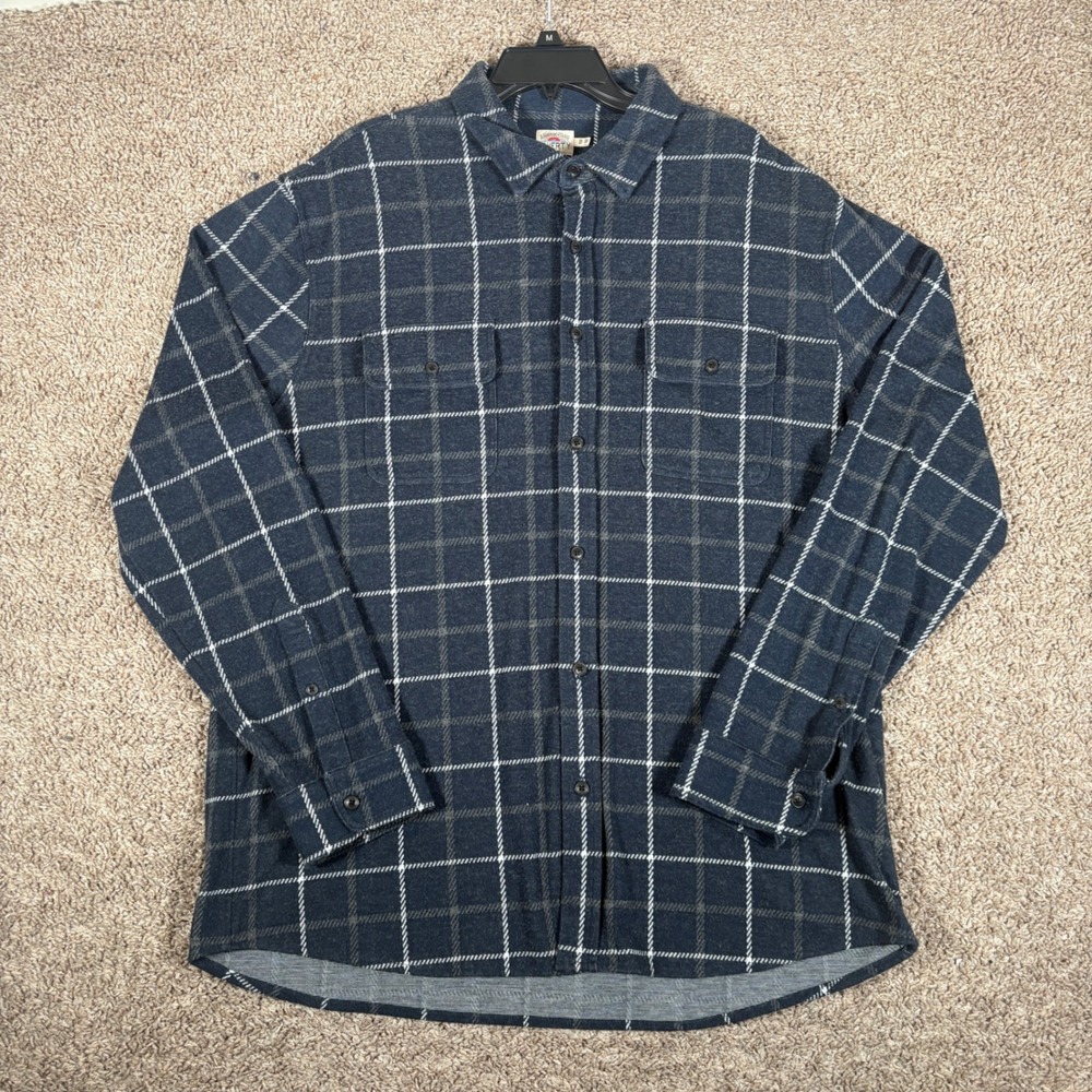Faherty Men XXL Navy Blue Windowpane Plaid Knit Flannel Stretch Shirt 10445